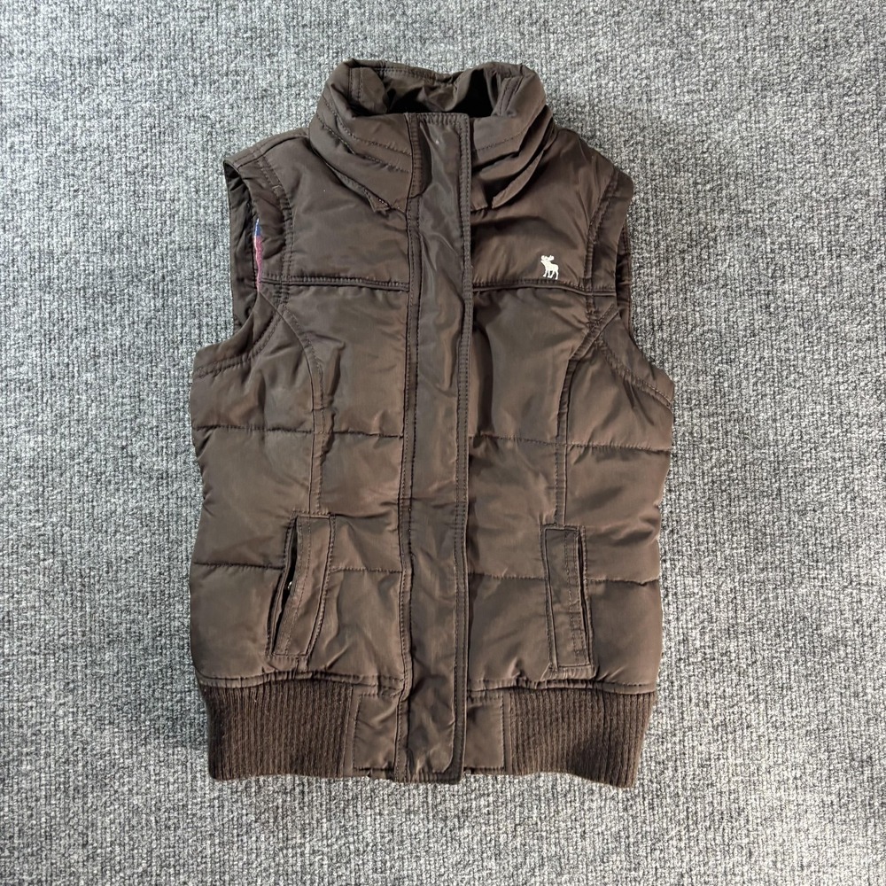 Abercrombie Vest Womens M Brown Puffer Flannel Lined Full Zip Pockets Casual - Picture 1 of 3